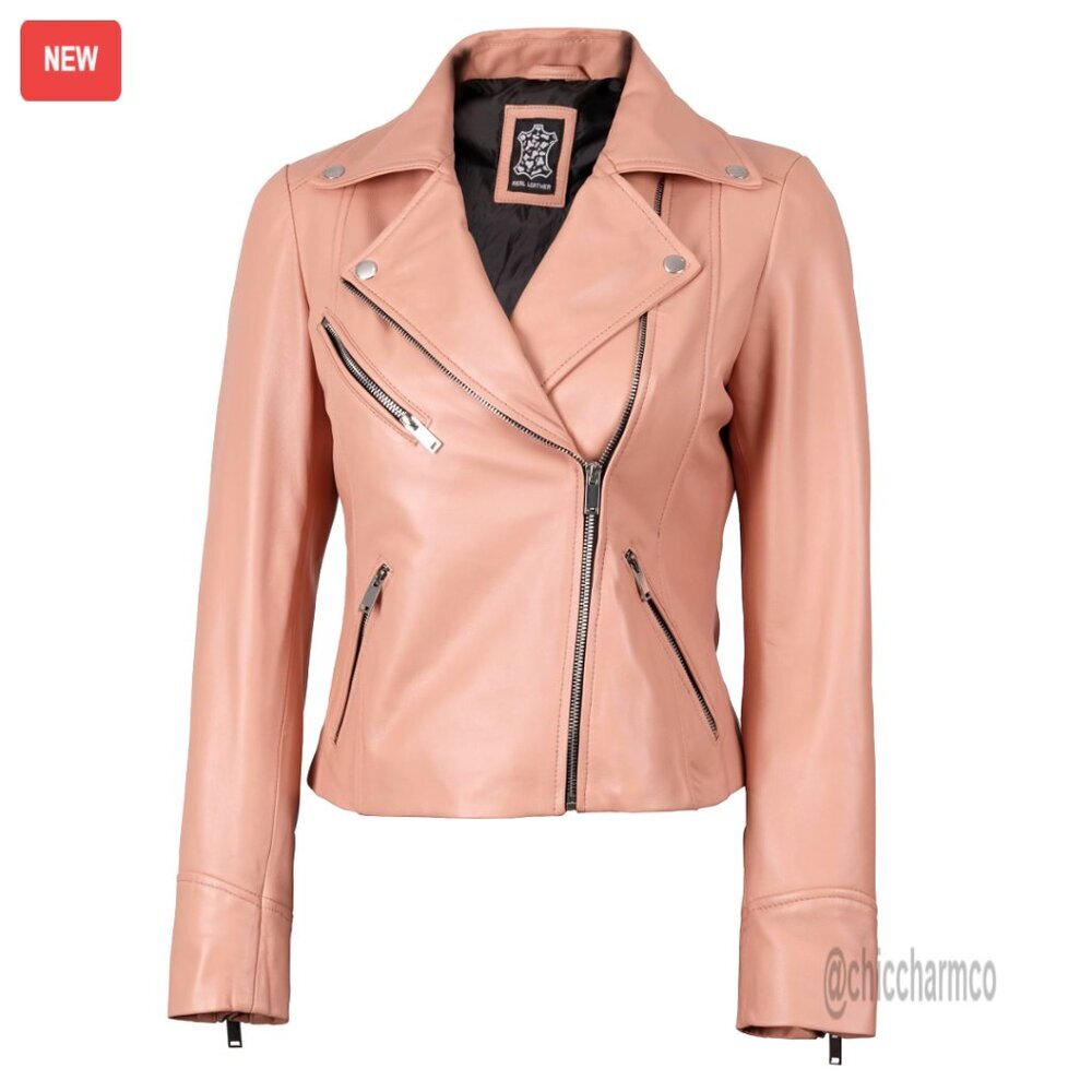 Soft Lambskin Leather Jacket Asymmetrical Zip Modern Chic Casual Wear